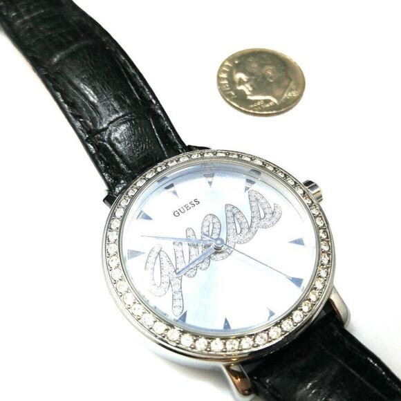 GUESS Wristwatch Logo Dial Rhinestones, Black Leather Strap, G76072L, 9 Inches - Picture 5 of 11